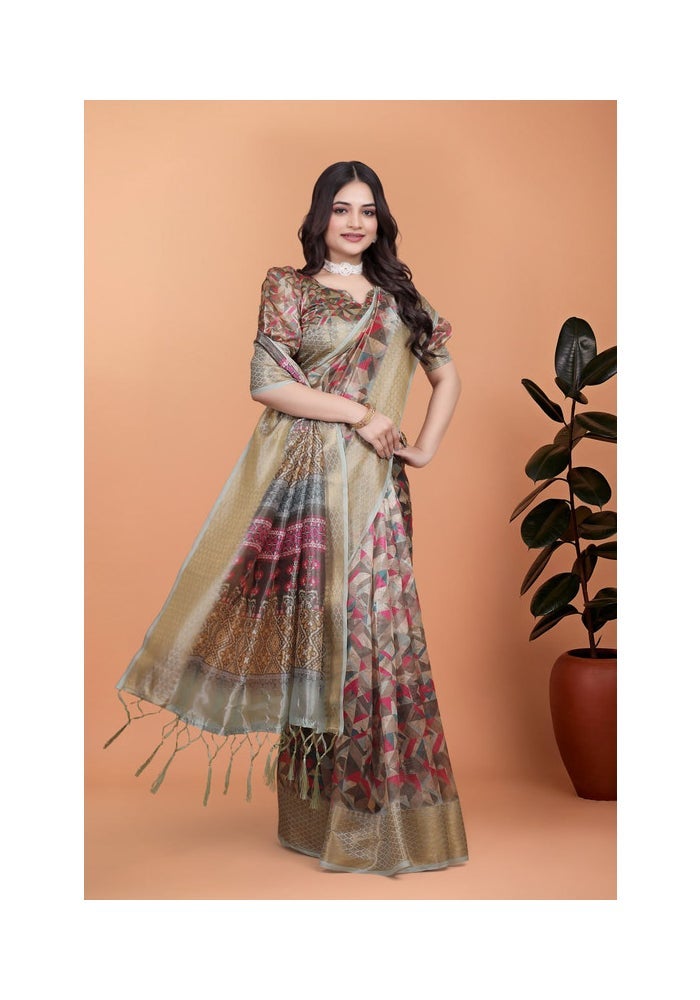Malishka Export Beige Soft Silk Saree for Women - Image 3
